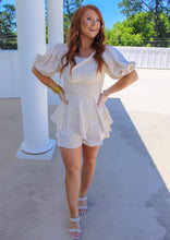 Load image into Gallery viewer, Material Girl Polka Dot Ruffle Romper- Cream
