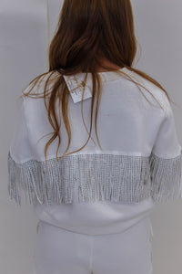 Dazzling Rhinestones Fringe Sweat Top- White