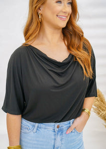 Alena Cowl Neck Drop Shoulder Bodysuit- Black