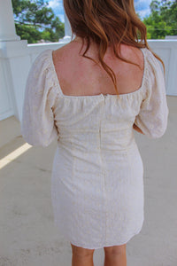 Tinsley Puff Sleeve Shirred Neck Dress- Cream