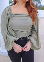 Load image into Gallery viewer, Amara Smocked Balloon Sleeve Crop-Olive
