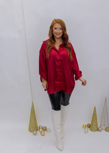 Leopard Satin Button Up- Burgundy