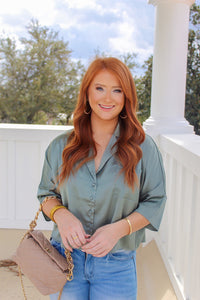 Anders Satin Cropped Button Down Top- Jade