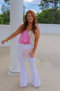 Hearts Align Satin Color Block Bodysuit- Taupe/Pink