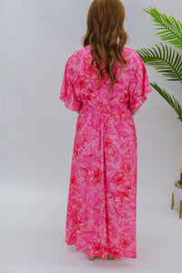 Flower Power Deep V Maxi-Pink Red