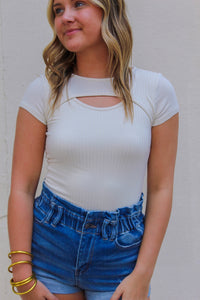 Iris Ribbed Peakaboo Bodysuit- Stone