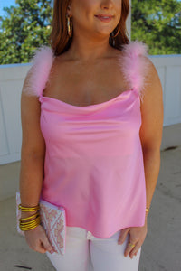 Lets Go Girls Cowl Neck Fur Trim Cami- Pink