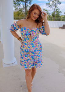 Natasha Off Shoulder Floral Dress- Blue