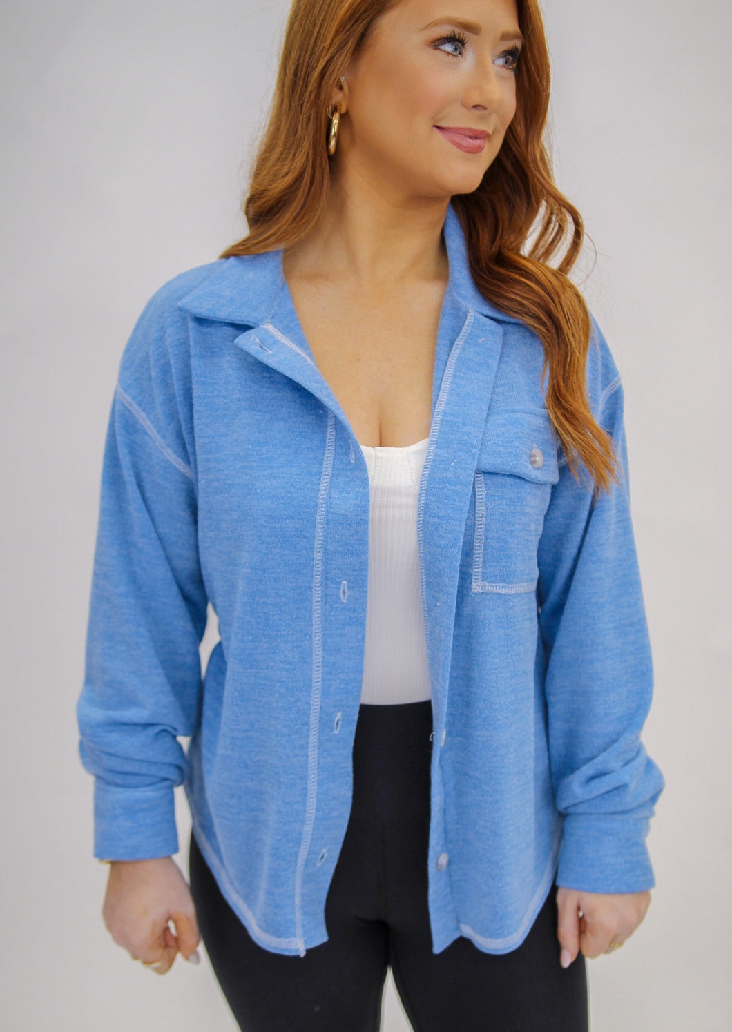 Blissfull Button Down Shacket- Blue