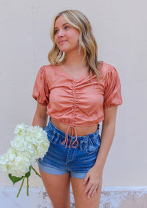 Lorianne Puff Sleeve Ruched Crop Top- Terra Cotta