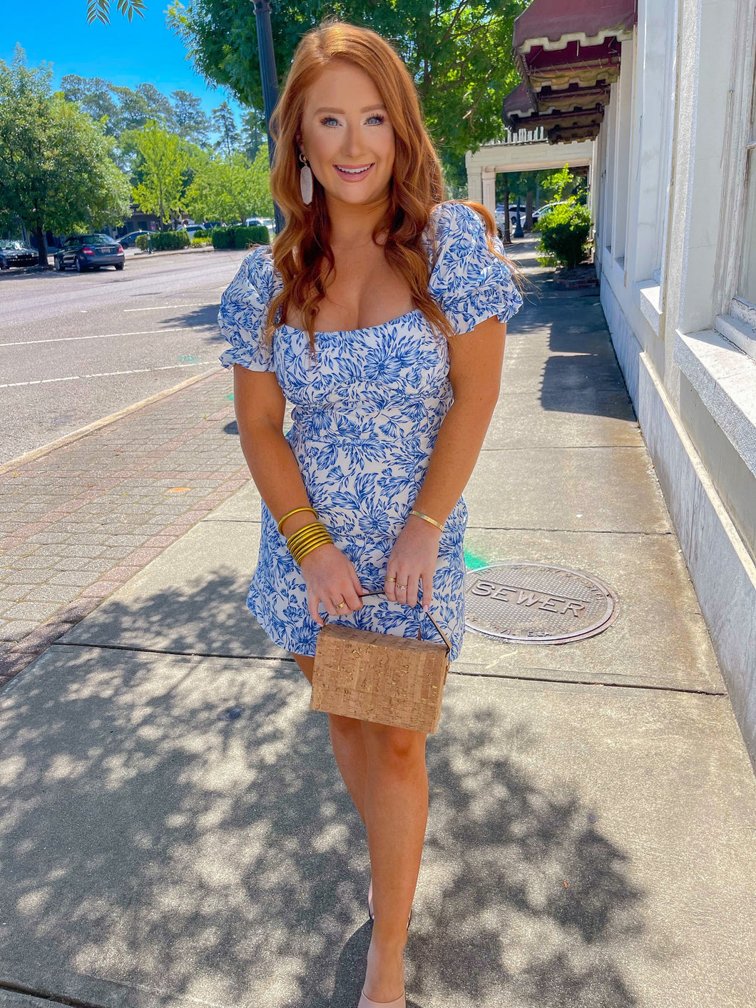 Santorini Floral Mini Dress- Blue/White