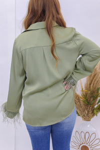 Power Love Button Up Feather Detail Sleeve- Olive