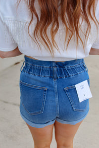 Paper-Bag High Rise Denim Shorts- Medium Dark
