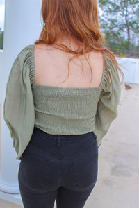 Amara Smocked Balloon Sleeve Crop-Olive