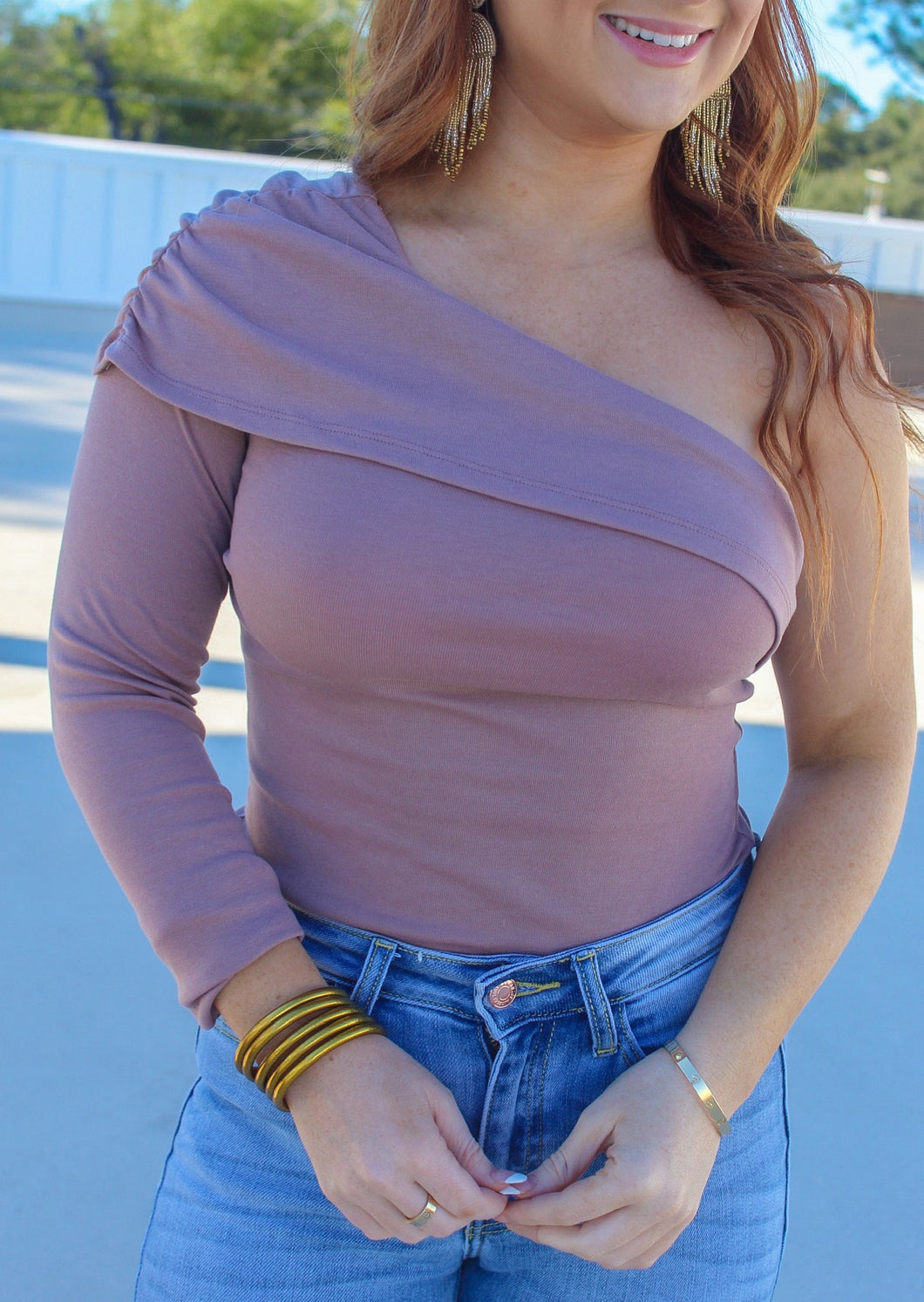 Janice One Shoulder Long Sleeve Bodysuit- Mauve