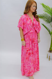 Flower Power Deep V Maxi-Pink Red