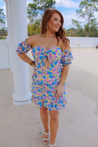 Natasha Off Shoulder Floral Dress- Blue