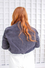 Load image into Gallery viewer, Aubrey Drawstring Crop Denim Jacket- Charcoal Grey
