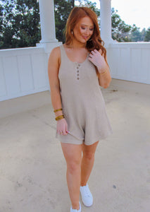 Adalyn Sleeveless Button Down Knit Romper- Taupe