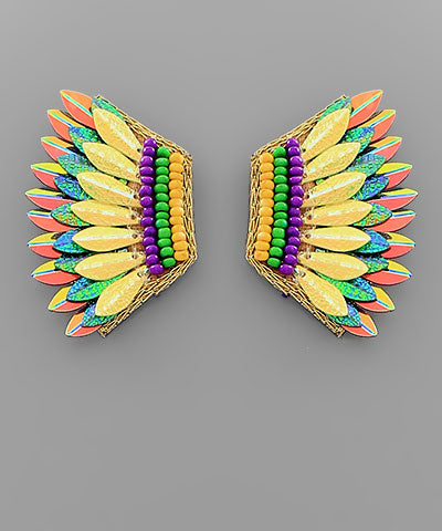 Mardi Gras Seed Bead Wing Earrings