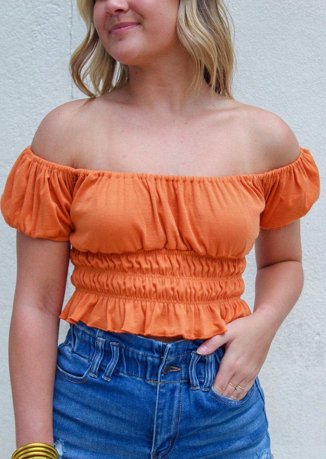 Kasey Puff Short Sleeve Crop Top- Orange