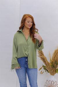 Power Love Button Up Feather Detail Sleeve- Olive