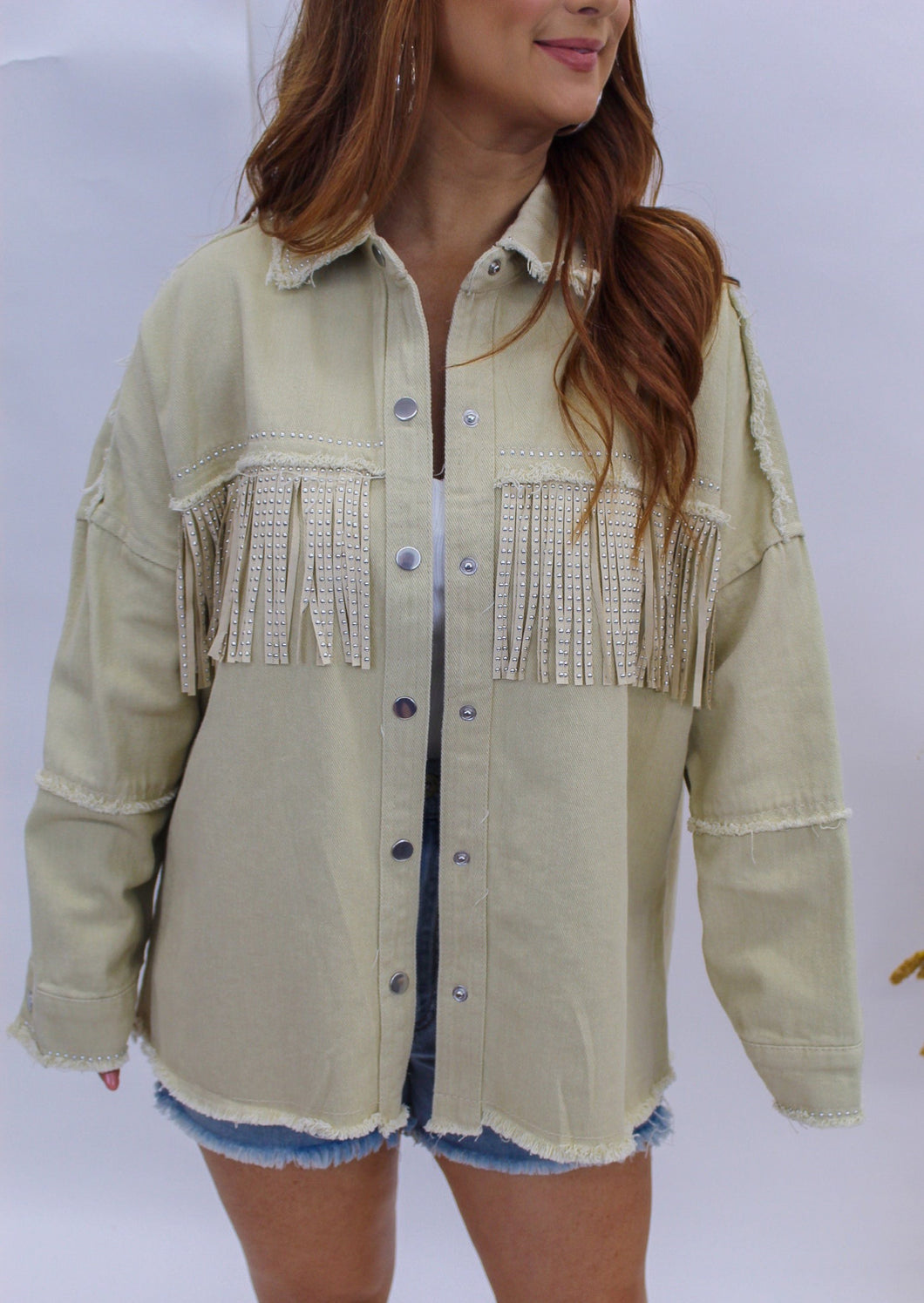 Nashvegas Studded Fringe Denim Jacket- Beige
