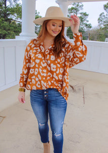 Savvy Animal Print Button Down Shirt-Camel