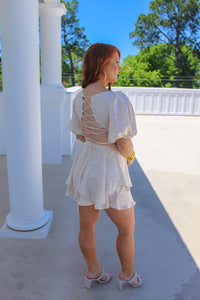 Material Girl Polka Dot Ruffle Romper- Cream
