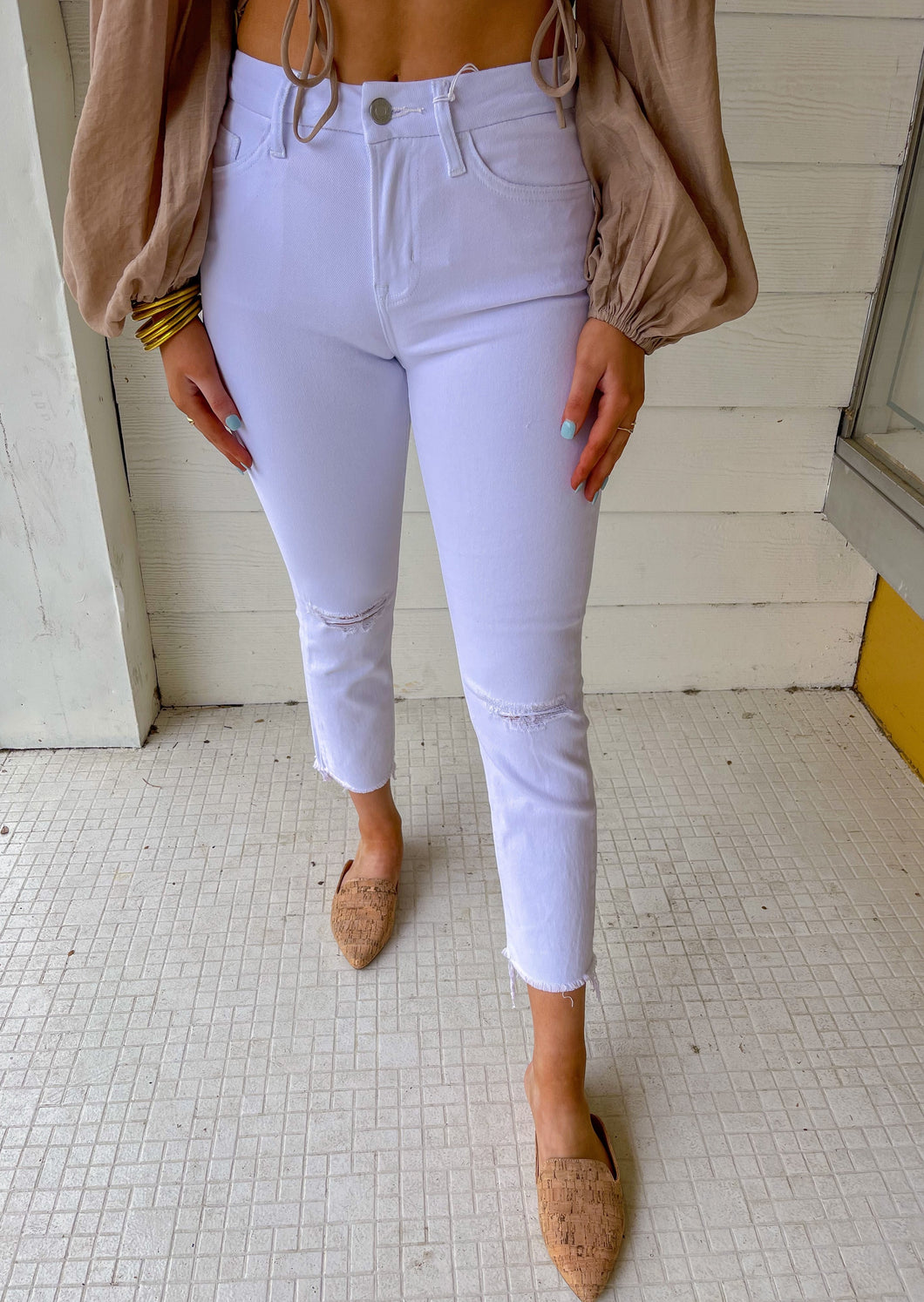 Jeanne High Rise Slim Straight Crop Raw Him Jeans-White