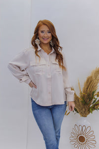 It Girl Satin Button Up Blouse- Champagne