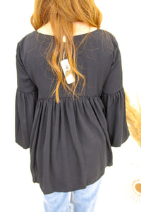 Connie V Neck Shirred Top- Black