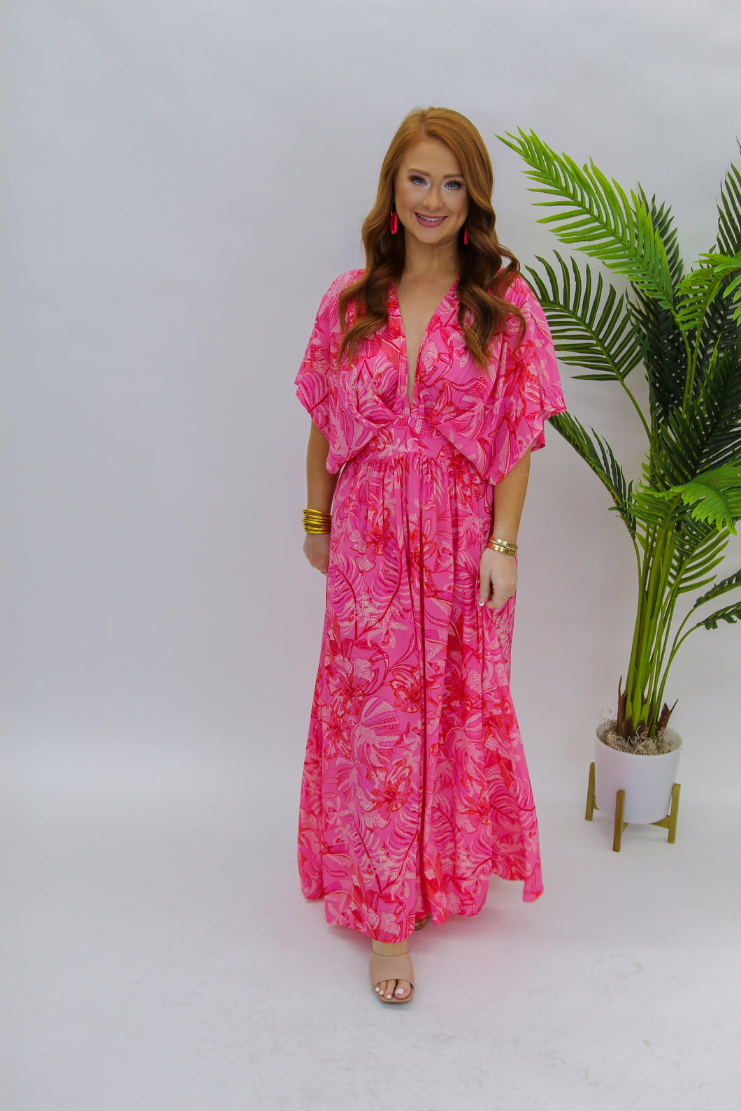 Flower Power Deep V Maxi-Pink Red