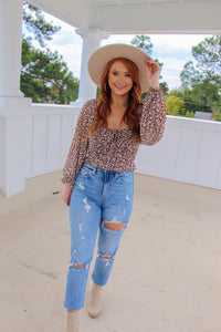 Sutton Floral Mesh Shirring Top- Chocolate