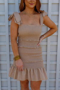 Larissa Tie Smocked Dress- Sand