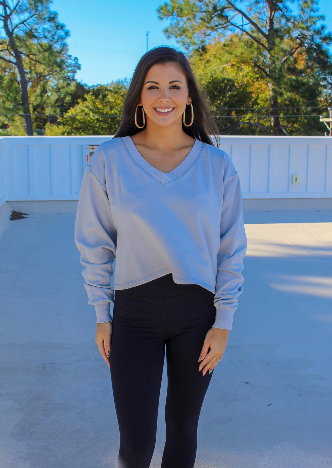 Logan V Neck Long Sleeve Crop- Smock Blue