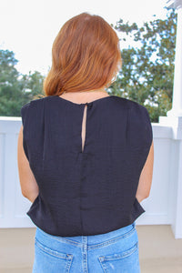 Charlotte Shoulder Pad Satin Top- Black