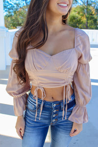 Dawn Drawstring Ruched Crop Top- Taupe