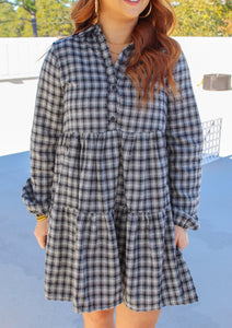 Sue Plaid Collared Babydoll Dress- Black