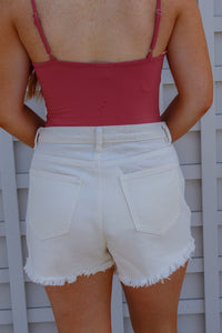 White Distrssed Frayed High- Waisted Shorts