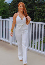 Load image into Gallery viewer, Kristen White Denim Halter Belted Jumpsuit
