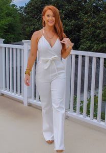 Kristen White Denim Halter Belted Jumpsuit