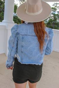 Puff Sleeve Cropped Distressed Denim Jacket