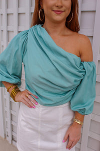 Arielle One Shoulder Balloon Sleeve Blouse- Mint
