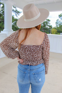 Sutton Floral Mesh Shirring Top- Chocolate