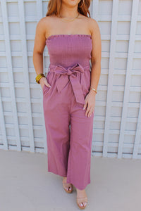 Jade Linen Smocking Ruffle Tube Top Jumpsuit- Purple