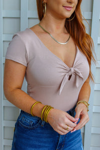Brianna Tie Front Bodysuit- Taupe