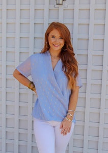 Tiffany Short Sleeve Foil Blouse- Dusty Blue