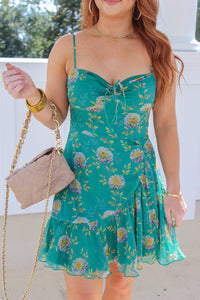 Wild Child Floral Ruched Mini Dress- Green