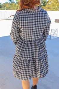 Sue Plaid Collared Babydoll Dress- Black